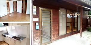 木造家屋の1階玄関と玄関横の大窓の写真と、茶色い床の部屋と白い襖で仕切られた収納スペースの写真と、グリル付きのIHと広いシンクが備え付けられたシステムキッチンの写真が並んだ画像