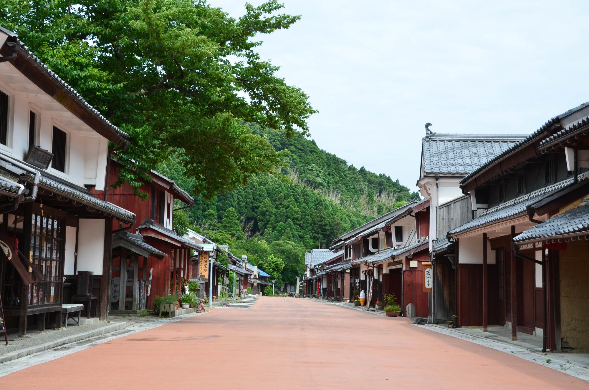 奥に緑の山が見え茶色の道の両側に日本家屋が立ち並んでいる熊川宿の写真