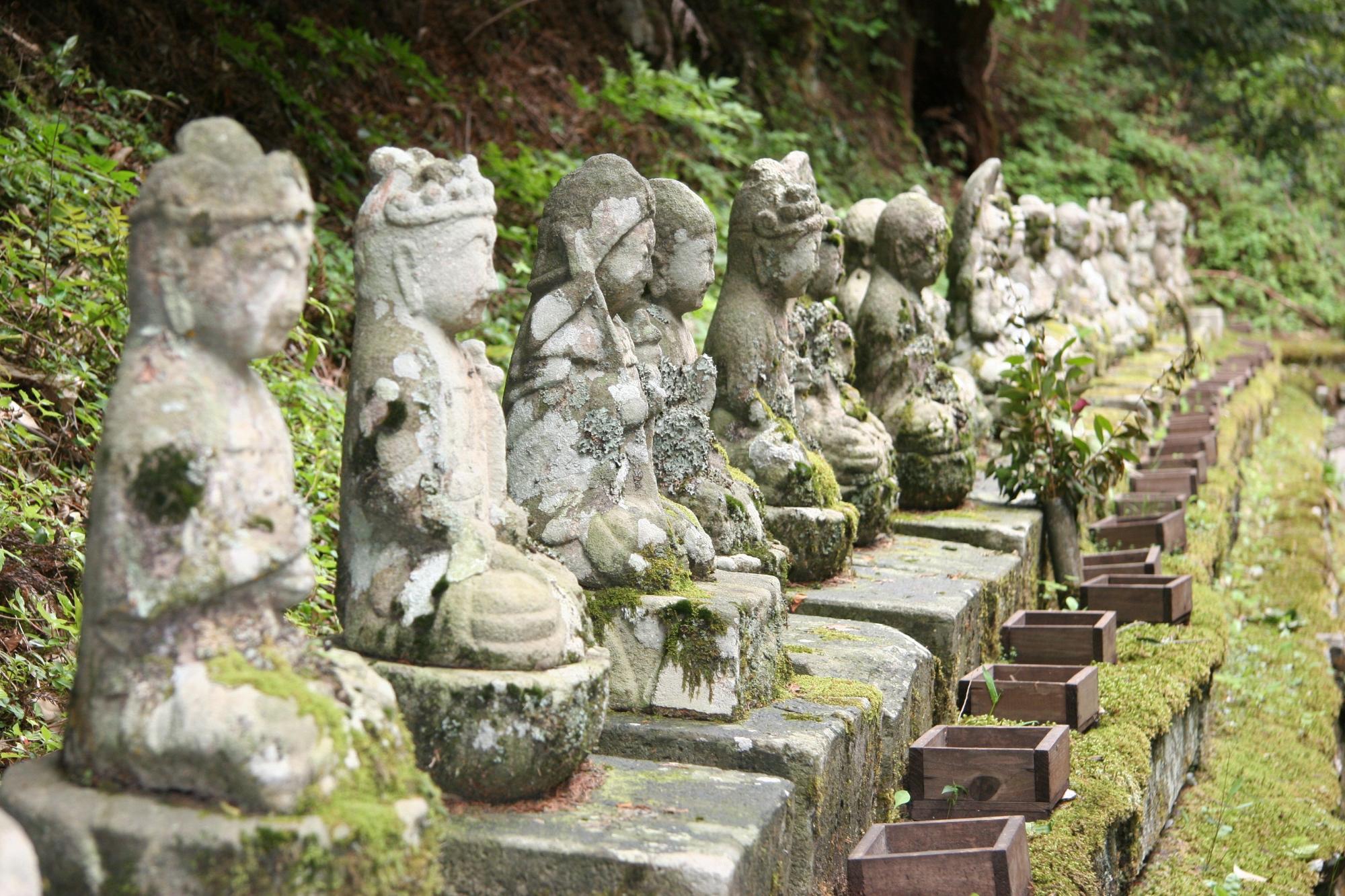 後ろが苔むした山の斜面になっているところにも10体以上の仏様がずらりと並んでいる写真