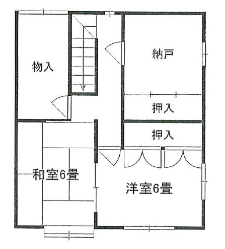 民家の2階の間取り図で、物入と納戸、和室6畳と洋室6畳が1部屋ずつあるのがわかる画像