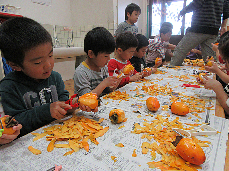 子どもたち10人程が、新聞紙が敷かれた机の上で、柿の皮をピーラーで剥いている写真