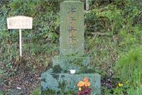 オレンジの花が供えられた苔むした孝子与七碑と書かれた石碑とその横に木製の看板が建っている様子の写真